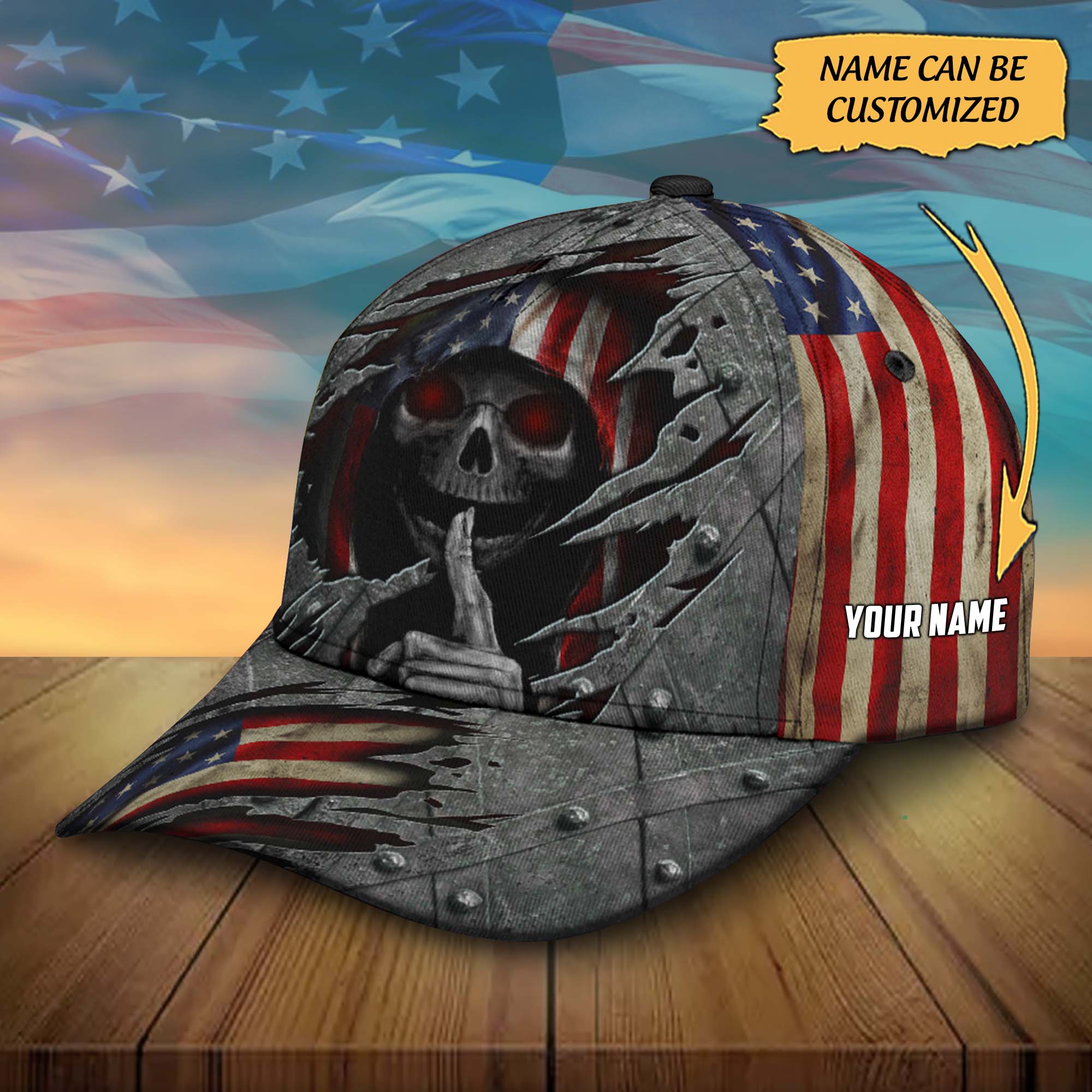 Skull American Flag Classic Cap Custom Name Trucker Hats Custom Hats Gifts For Men & Women