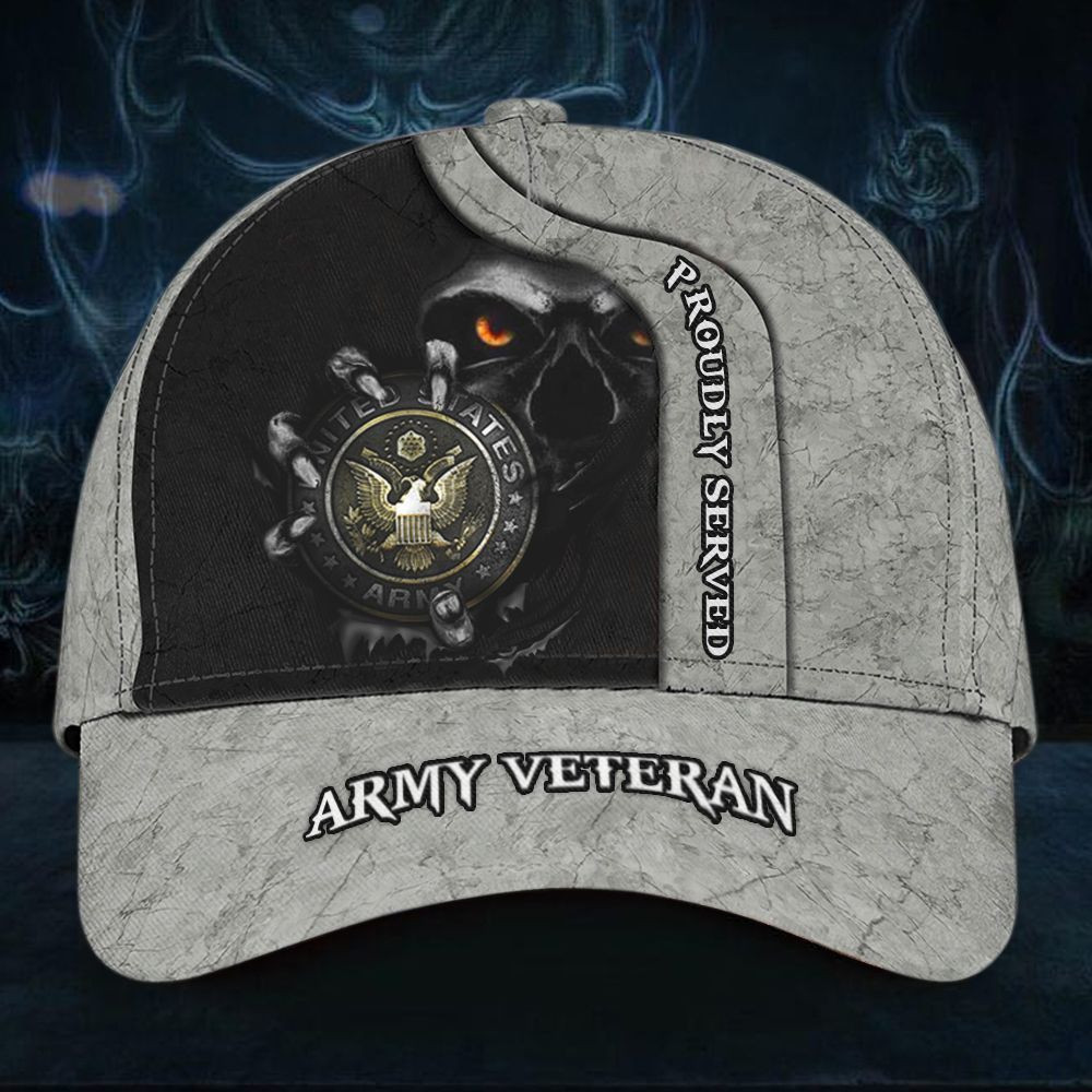 Skull Army Veteran Proudly Served Cap Patriotic Honor Retired Army Veteran Hat Unique Gift Trucker Hats Custom Hats Gifts For Men & Women