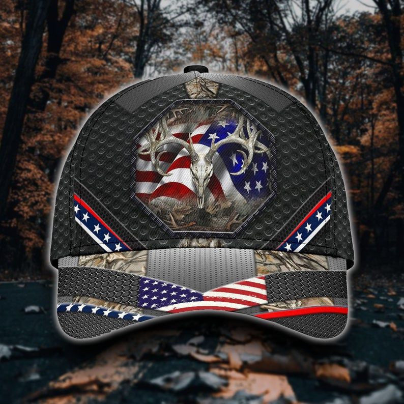 Skull Deer Hunter Classic Cap 3D, Deer Hunting Flag American Camo Cap Hat All Over Printed, Man Cap Gift Trucker Hats Custom Hats Gifts For Men & Women