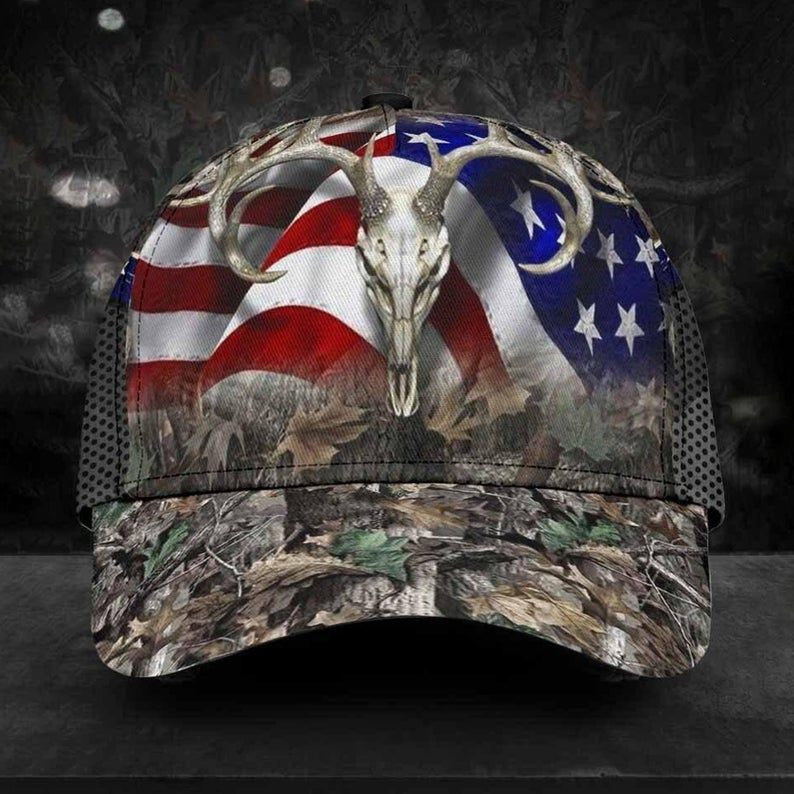 Skull Deer Hunting Camo Flag US Hat Classic Cap 3D, Deer Hunter Cap, Cap Gift Trucker Hats Custom Hats Gifts For Men & Women