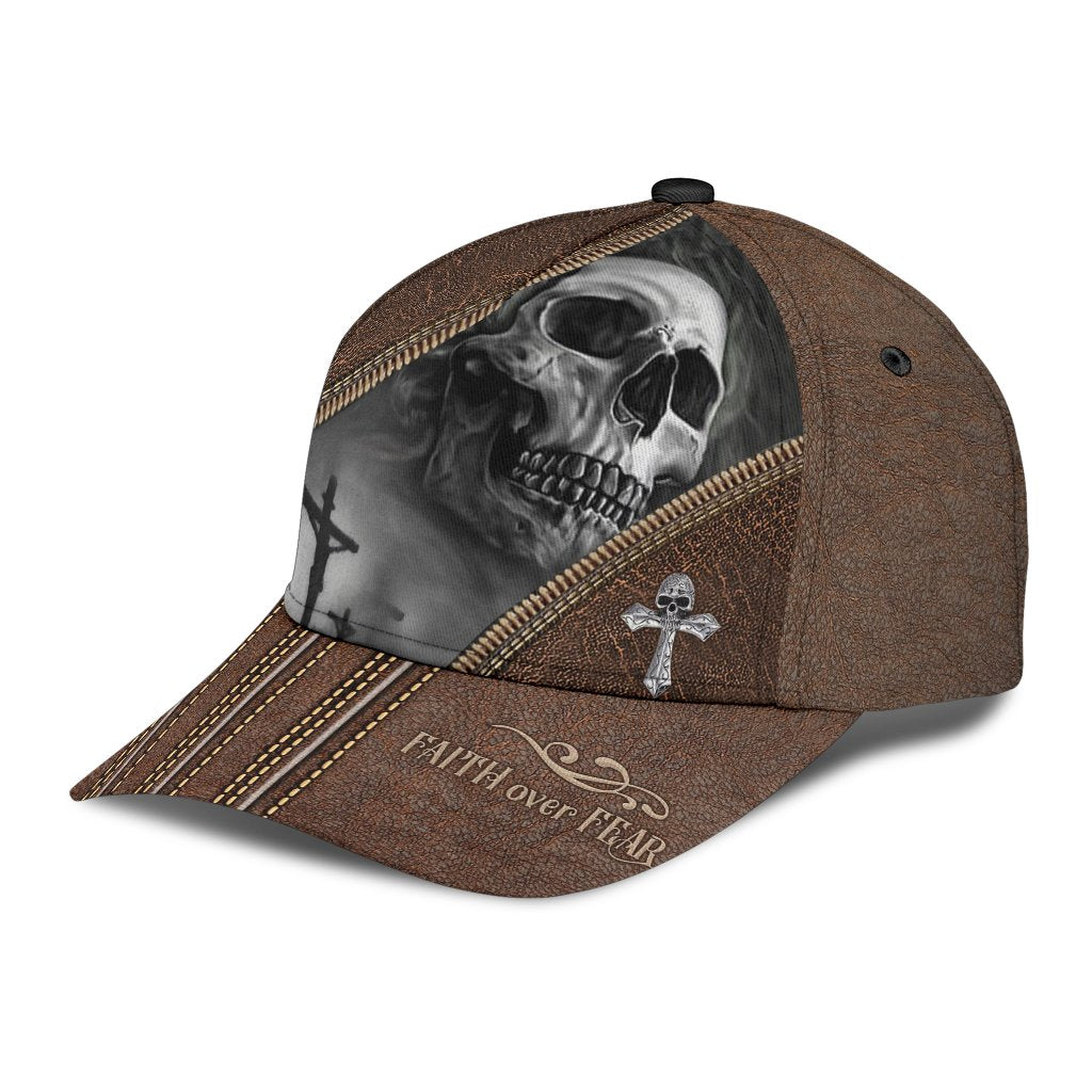 Skull Faith Over Fear Classic Cap, 3D Full Print Skull Cap Hat Leather Pattern Trucker Hats Custom Hats Gifts For Men & Women
