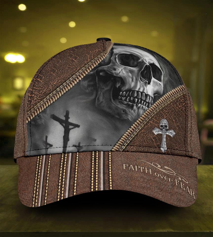 Skull Faith Over Fear Classic Cap, 3D Full Print Skull Cap Hat Leather Pattern Trucker Hats Custom Hats Gifts For Men & Women