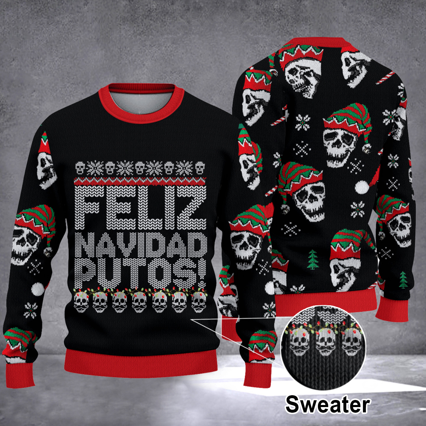 Skull Feliz Navidad Putos Ugly Christmas Sweater Skull Graphic Tee Mens Xmas Sweater Gift - Image 3
