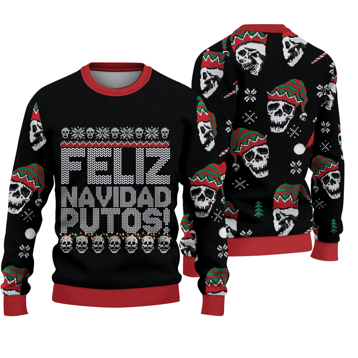 Skull Feliz Navidad Putos Ugly Christmas Sweater Skull Graphic Tee Mens Xmas Sweater Gift - Image 2