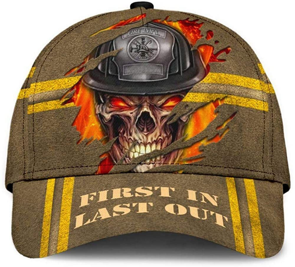 Skull Firefighter First in Last Out 3D Printed Unisex Hat Classic Cap, Snapback Cap, Baseball Cap Trucker Hats Custom Hats Gifts For Men & Women