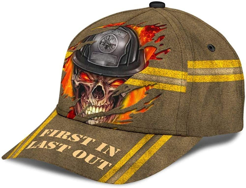 Skull Firefighter First in Last Out 3D Printed Unisex Hat Classic Cap, Snapback Cap, Baseball Cap Trucker Hats Custom Hats Gifts For Men & Women
