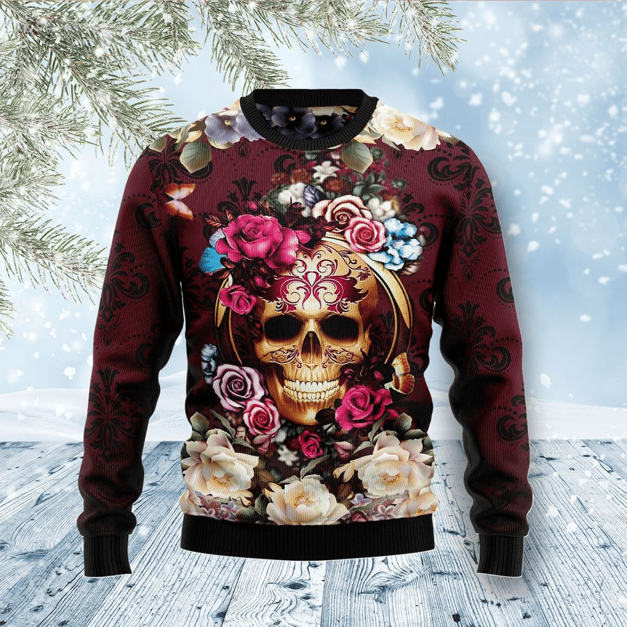 Skull FLower Ugly Christmas Sweater Adult 3D Funny Matching for family