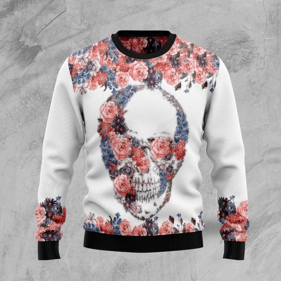 Skull Flower Ugly Christmas Sweater Adult 3D Funny Matching for family