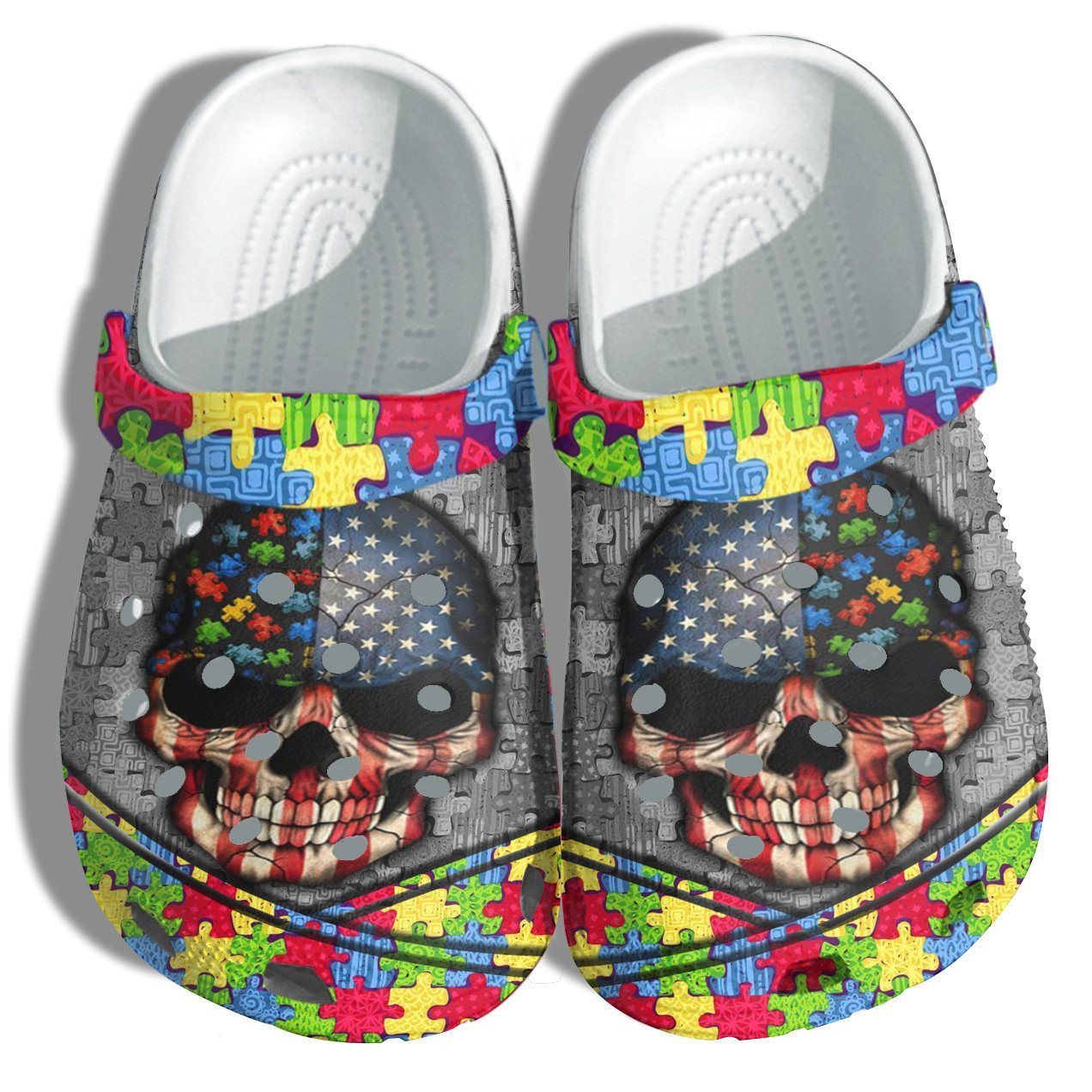 Skull Usa Flag Autism Awareness Shoes - Autism Puzzel Shoes Croc Clogs Gifts Men Women