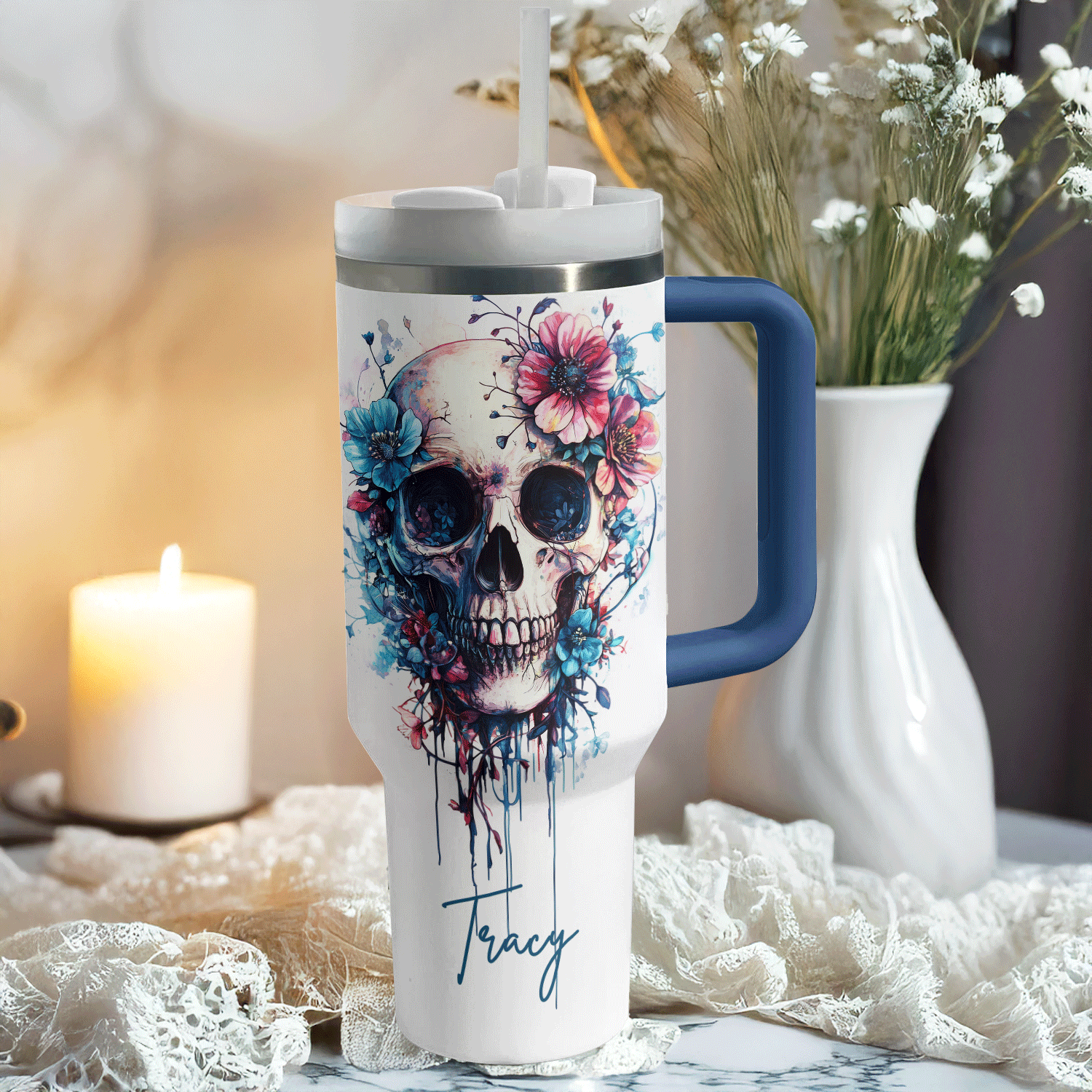 Skull With Flower Custom Stanley Cup 40 oz 30 oz Tumbler With HandleTVC2301308 - Image 2