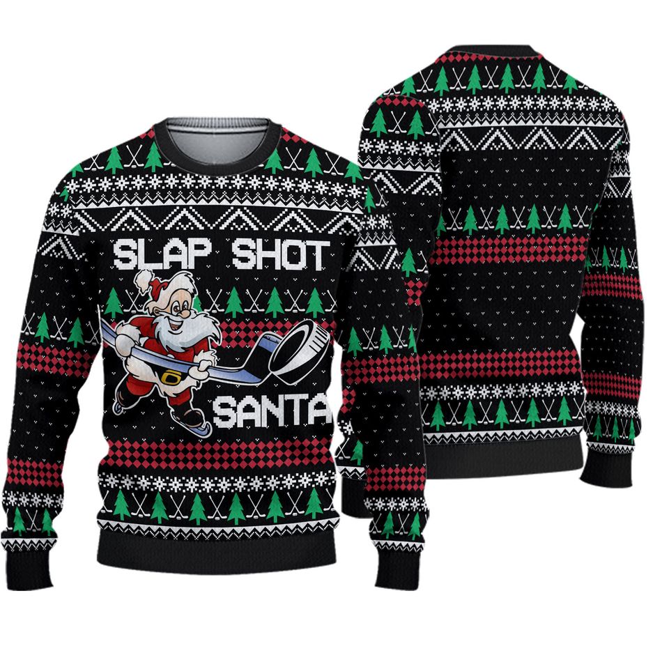 Slap Shot Santa Hockey Ugly Christmas Sweater