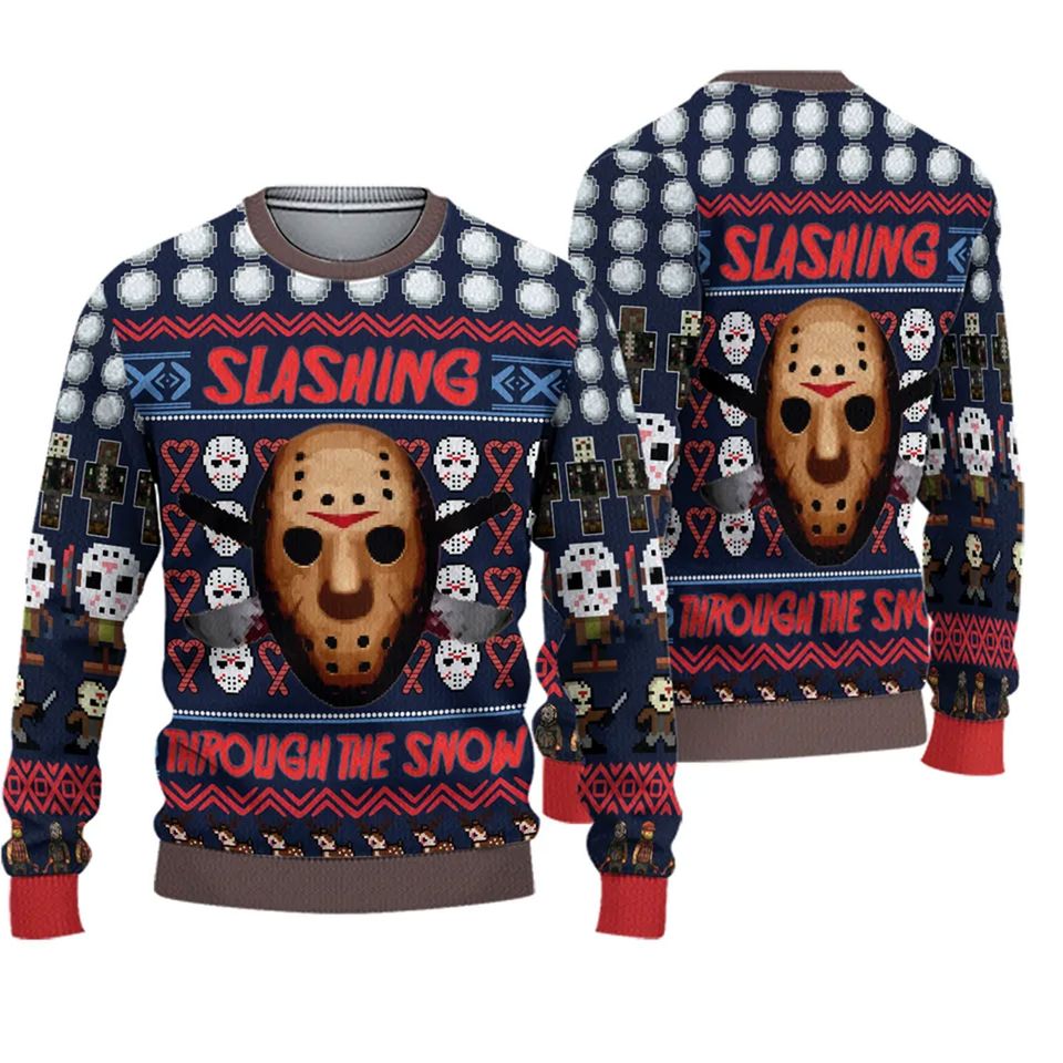 Slashing Through The Snow Jason Vorhee Ugly Christmas Sweater, Christmas Sweater