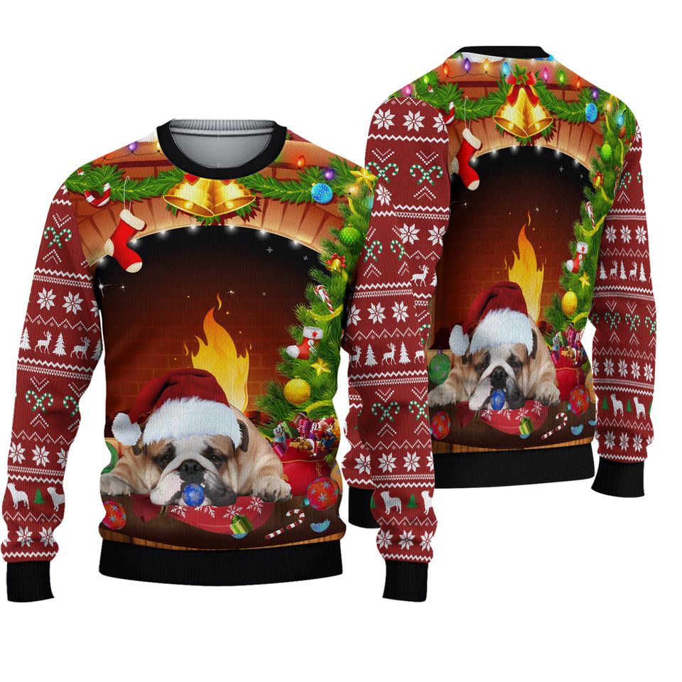 Sleeping Bulldog Fireplace Christmas Tree Ugly Sweater