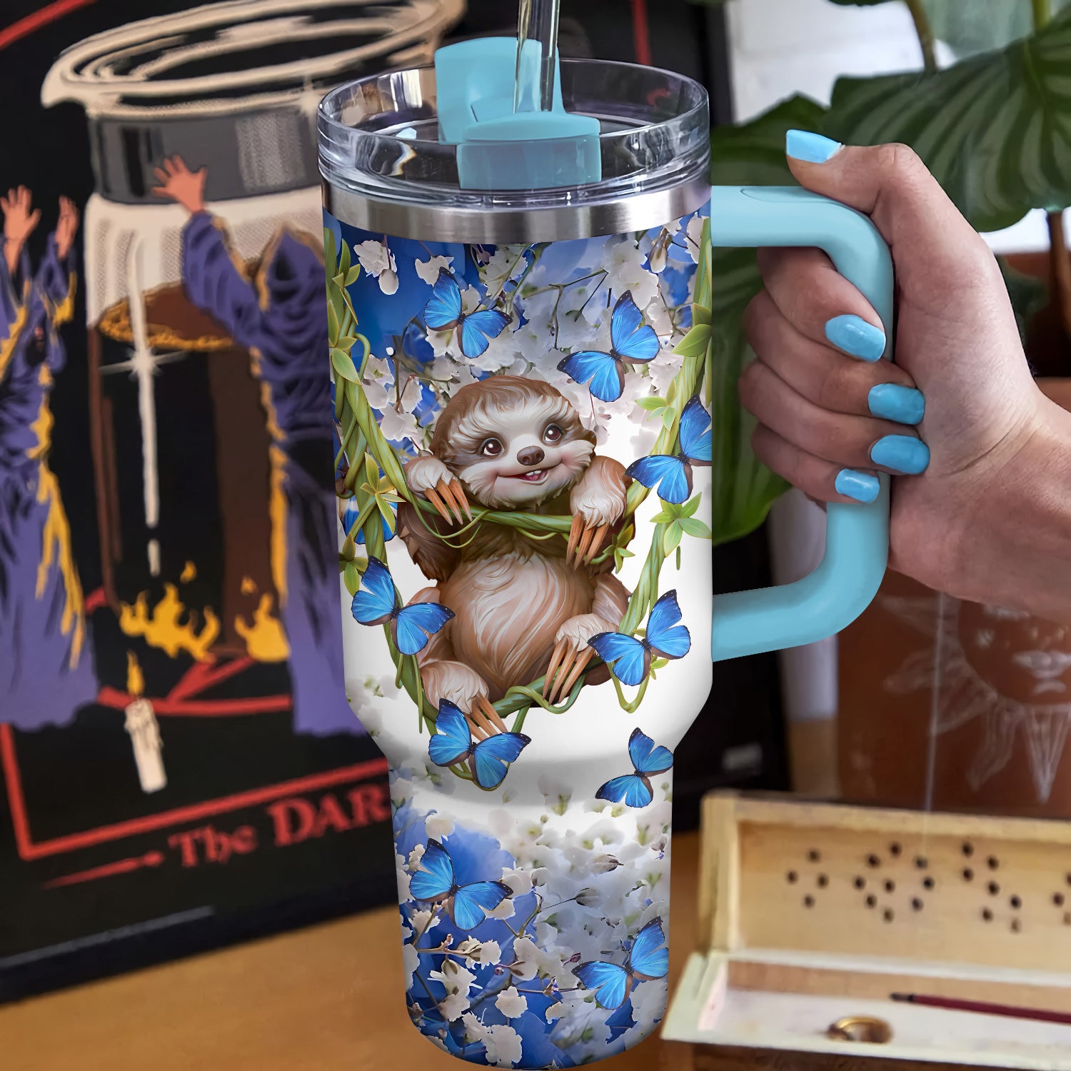 Sloth And Blue Butterflies Custom Stanley Cup 40 oz 30 oz Tumbler With HandleTVC2301728 - Image 2