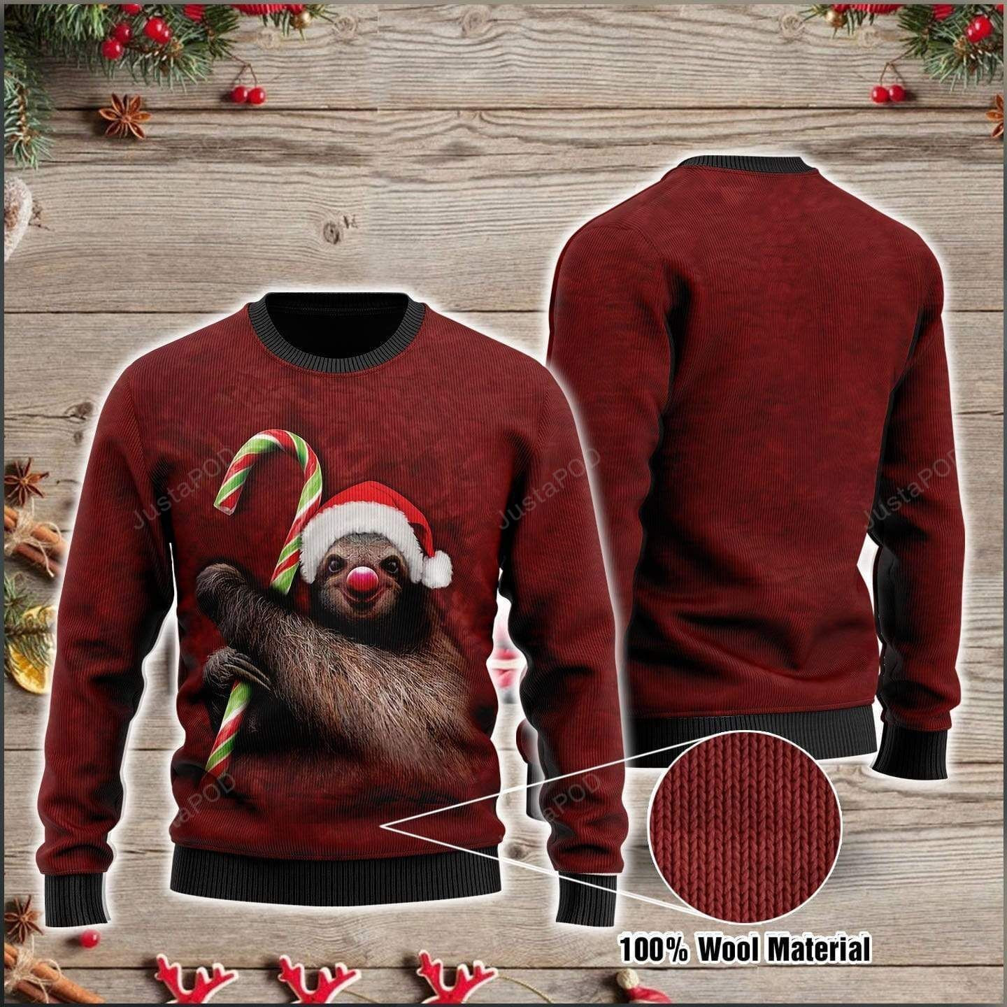 Sloth Candy Cane Ugly Christmas Sweater Adult 3D Funny Matching for family