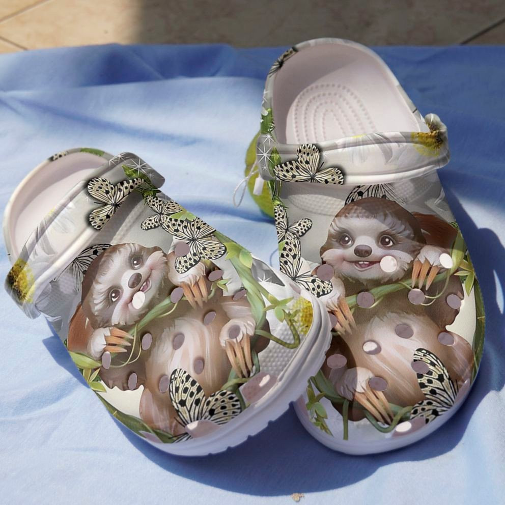 Sloth Playing With Butterflies And Daisy Shoes Clogs Gift