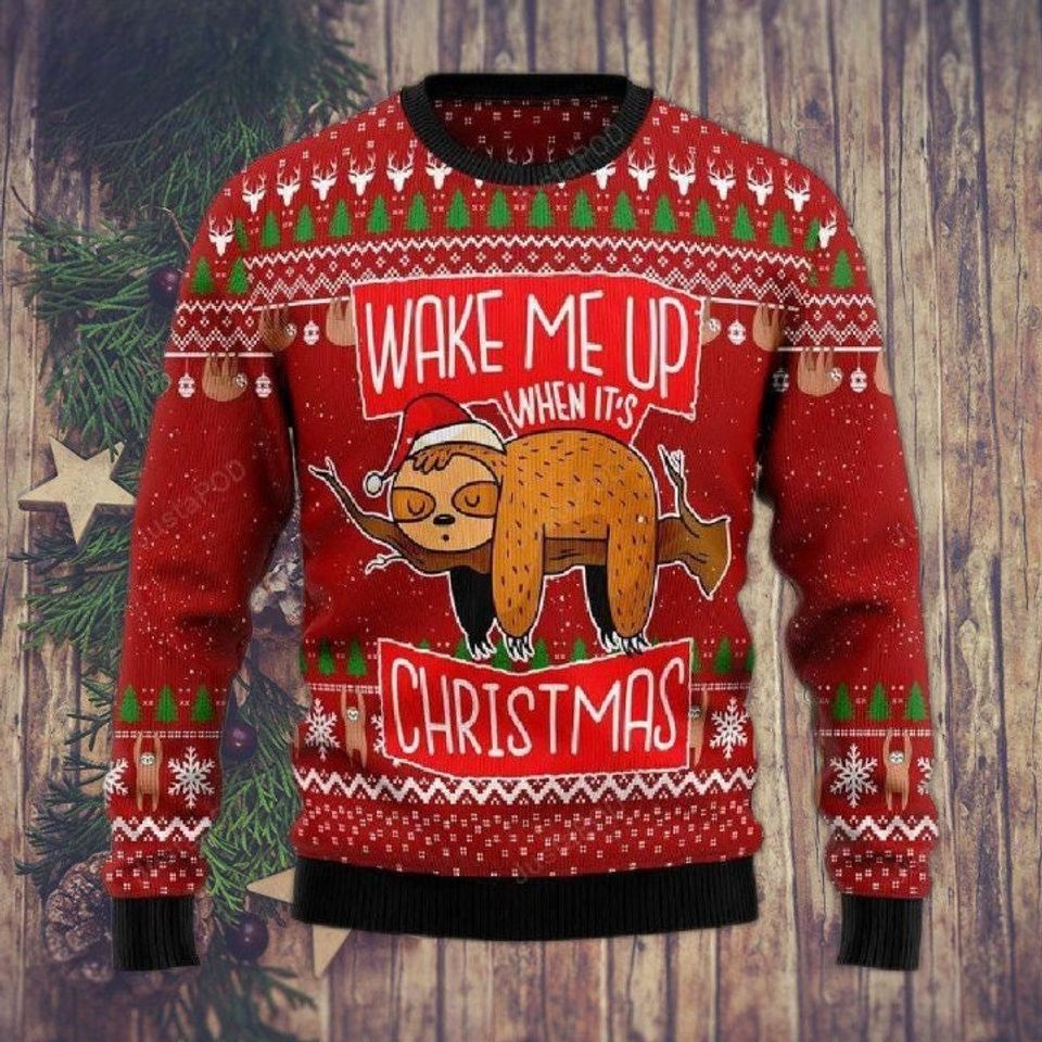 Sloth Wake Me Up Christmas 3D Print Ugly Sweater, Xmas Jumper Holiday Pullover, Ugly Christmas Sweater