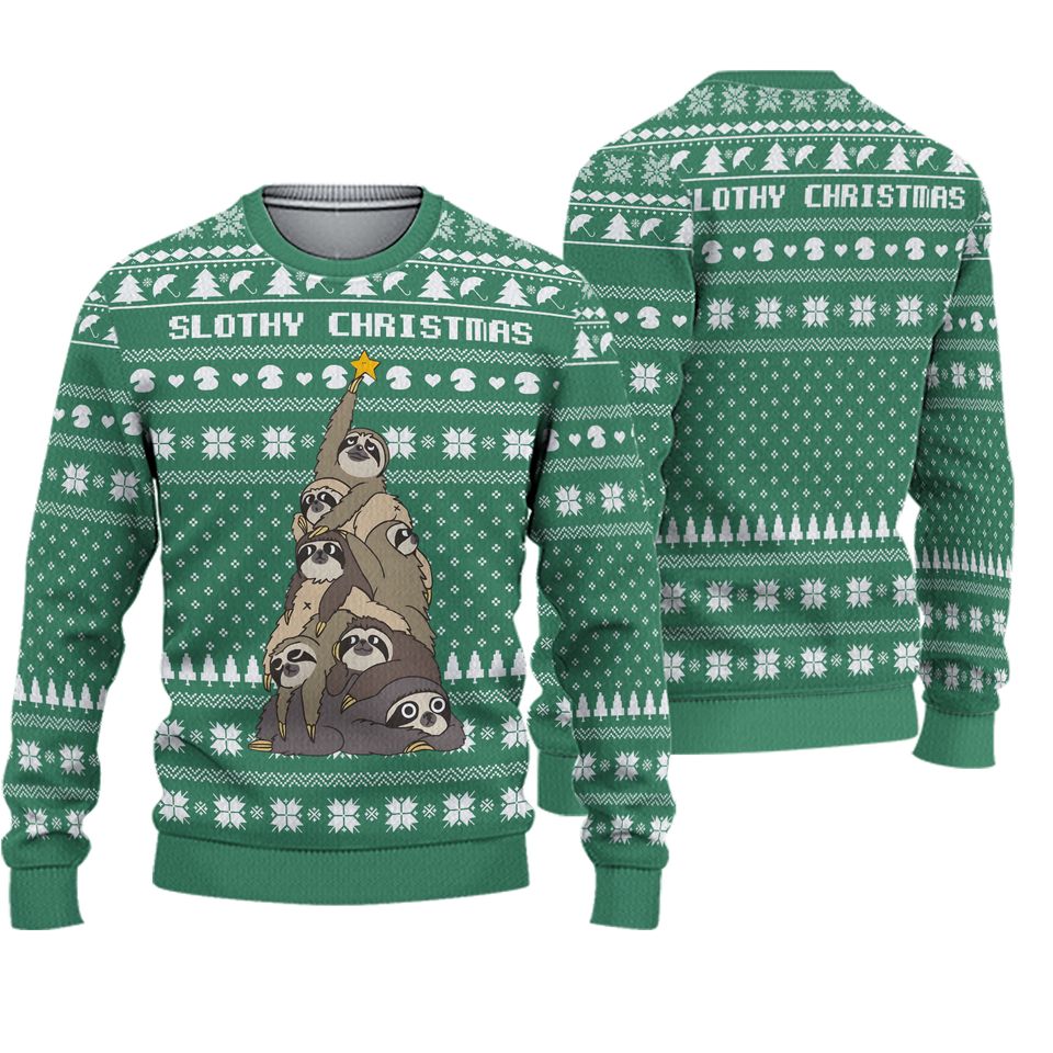 Slothy Christmas Ugly Sweater - Funny Holiday Knit with Sloth Tree