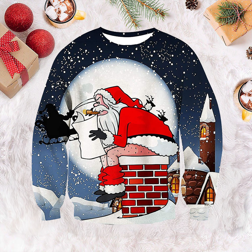 Smoking Santa Pooping Chimney Ugly Christmas Sweater Funny Holiday Sweaters Gifts For Him