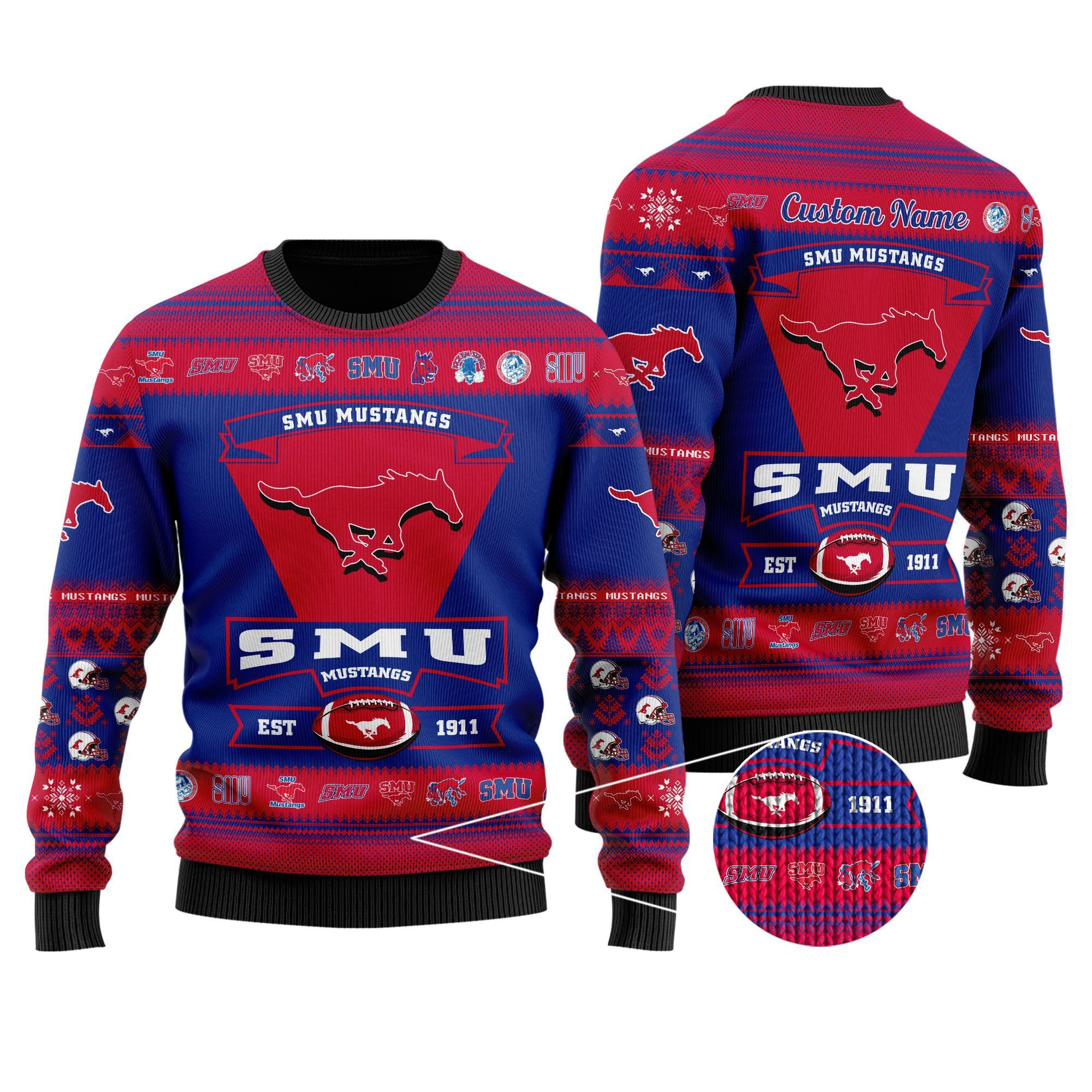 Smu Mustangs Football Team Logo Custom Name Personalized Ugly Christmas Sweater Adult 3D Funny Matching for family