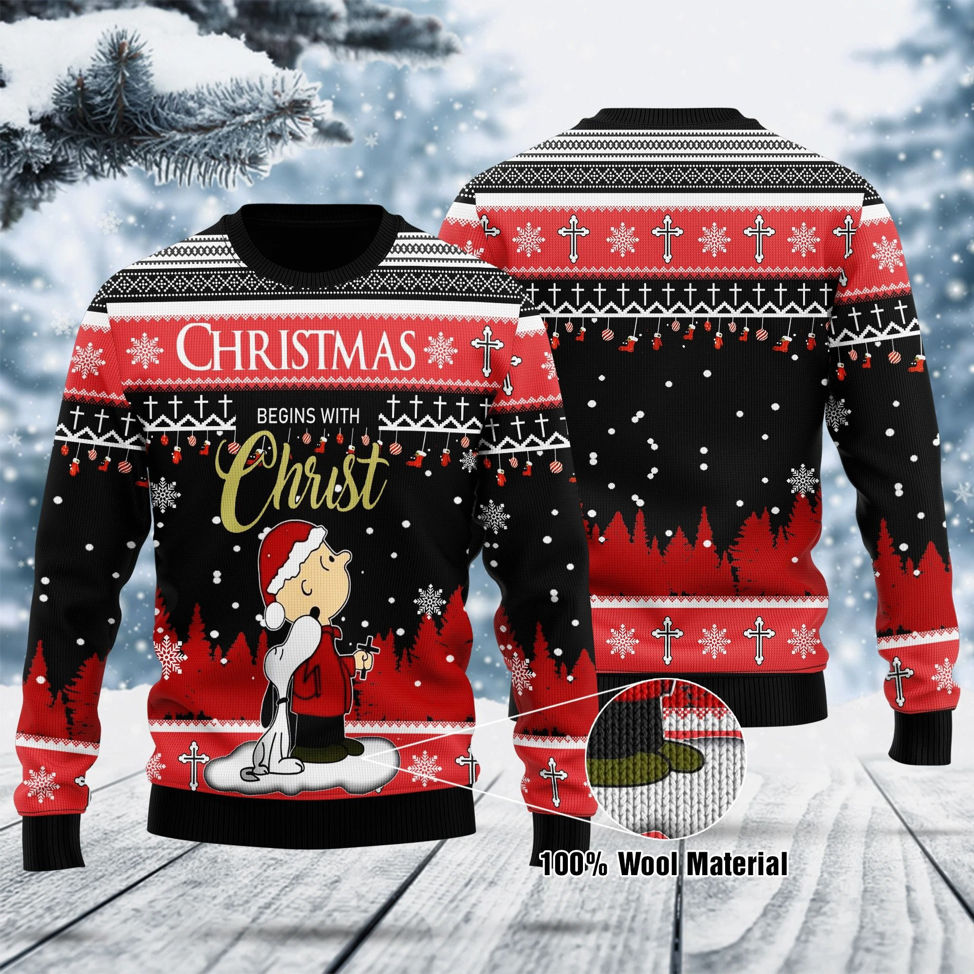 Snoopy And Charlie Christmas Begins With Christ Ugly Christmas Sweater Adult 3D Funny Matching for family