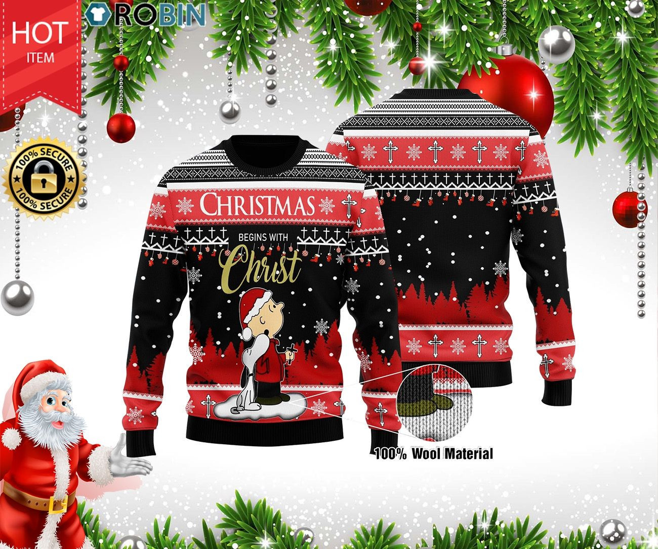 Snoopy Christmas Begins With Christ Ugly Christmas Sweater Adult 3D Funny Matching for family
