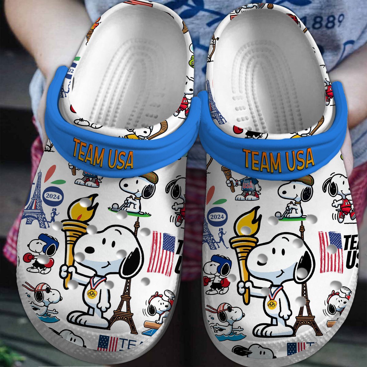 Snoopy USA Team 2024 Cartoon Crocs Crocband Clogs Shoes Comfortable For Men Women and Kids
