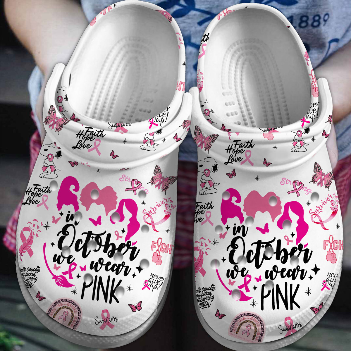 Snoopy We Wear Pink Breast Cancer Awareness Cartoon Crocs Crocband Clogs Shoes Comfortable For Men Women and Kids