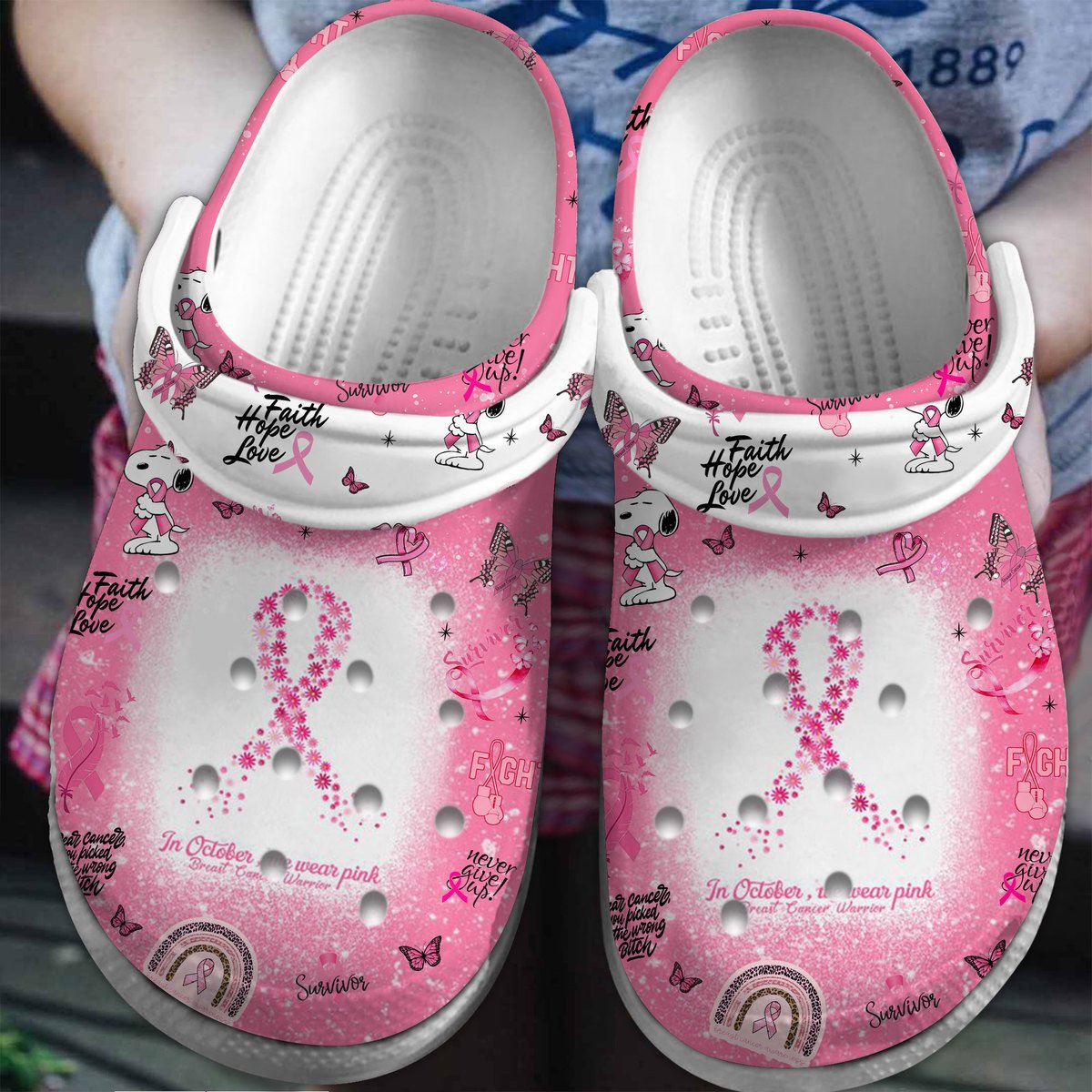 Snoopy We Wear Pink Breast Cancer Awareness Cartoon Crocs Crocband Clogs Shoes Comfortable For Men Women and Kids