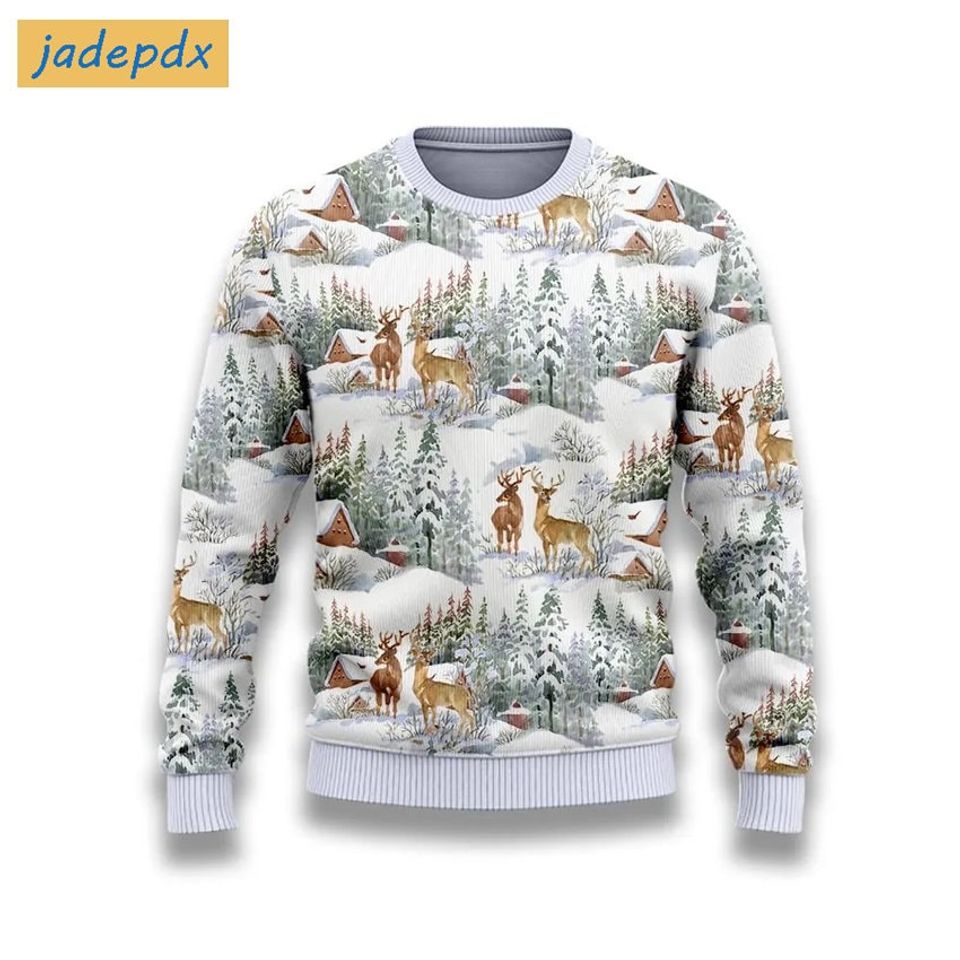 Snow Time Pine Tree Forest And Deer Ugly Christmas Sweater