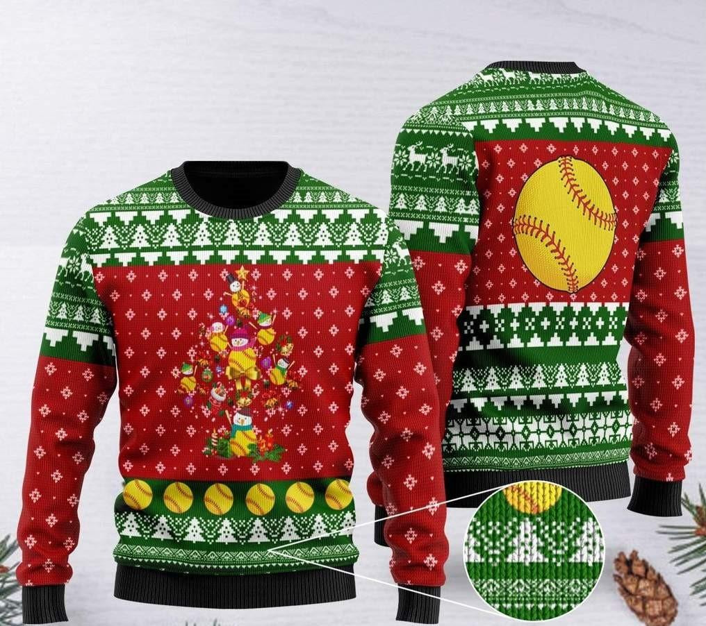 Softball Christmas Tree Ugly Christmas Sweater Adult 3D Funny Matching for family