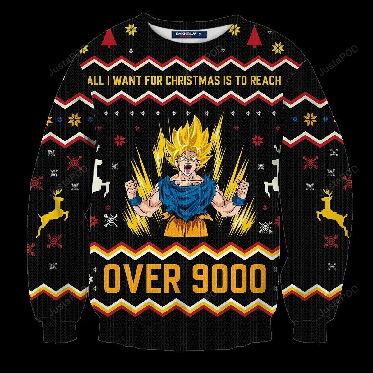 Songoku All I Want For Christmas Is To Reach Over 9000 Ugly Christmas Sweater Adult 3D Funny Matching for family