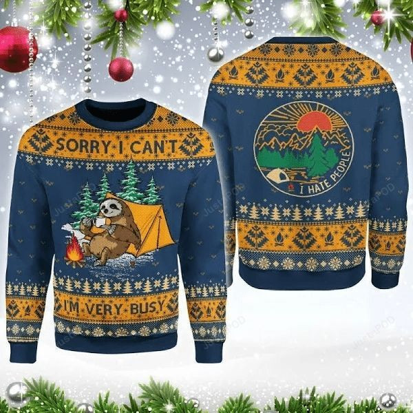 Sorry I Can'T Lazy Sloth Navy Blue Ugly Christmas Sweater Adult 3D Funny Matching for family
