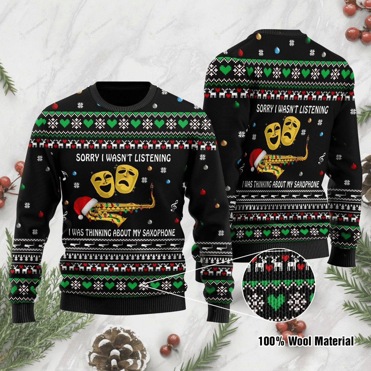 Sorry I Wasnt Listening I Was Thinking About My Saxophone Ugly Christmas Sweater Adult 3D Funny Matching for family