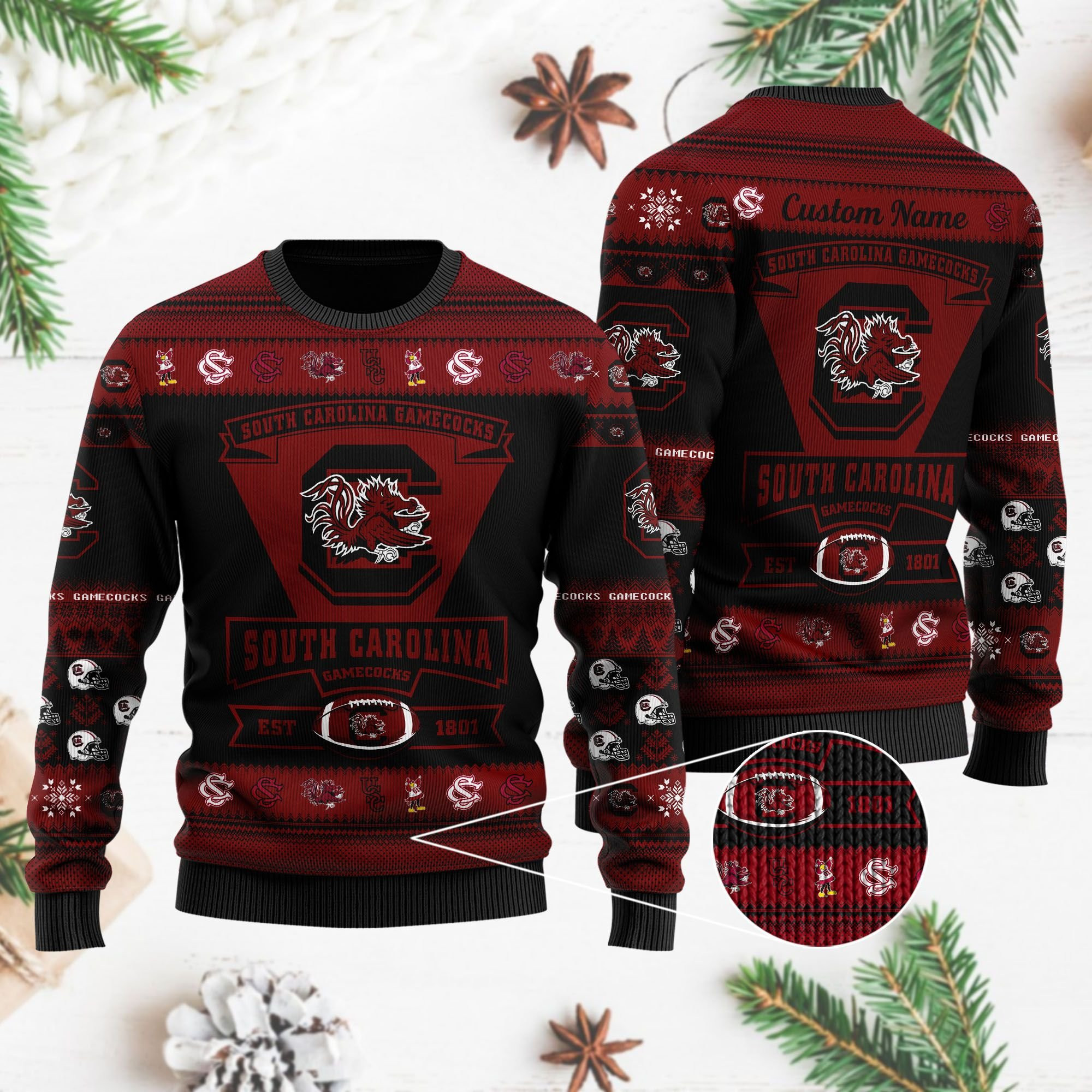 South Carolina Gamecocks Football Team Logo Personalized Ugly Christmas Sweater Adult 3D Funny Matching for family