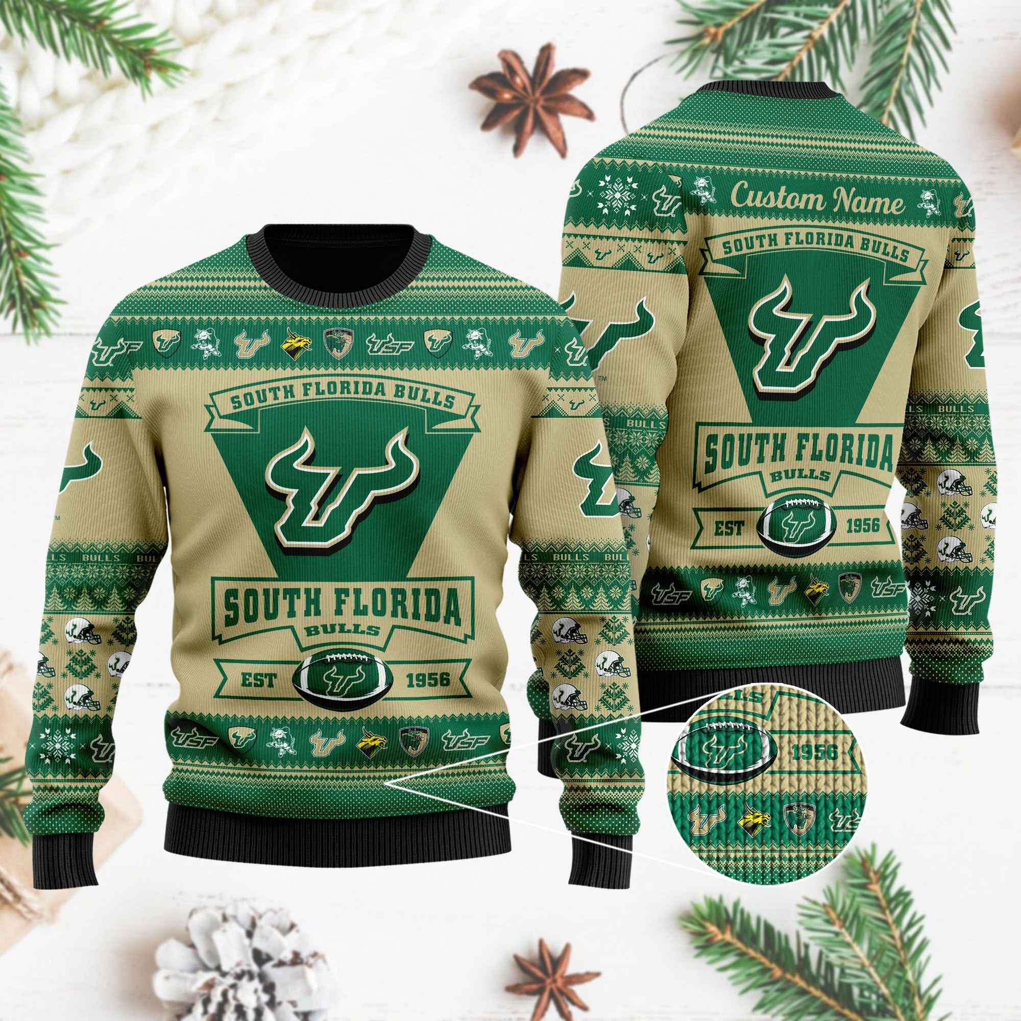 South Florida Bulls Football Team Logo Custom Name Personalized Ugly Christmas Sweater Adult 3D Funny Matching for family - Image 4