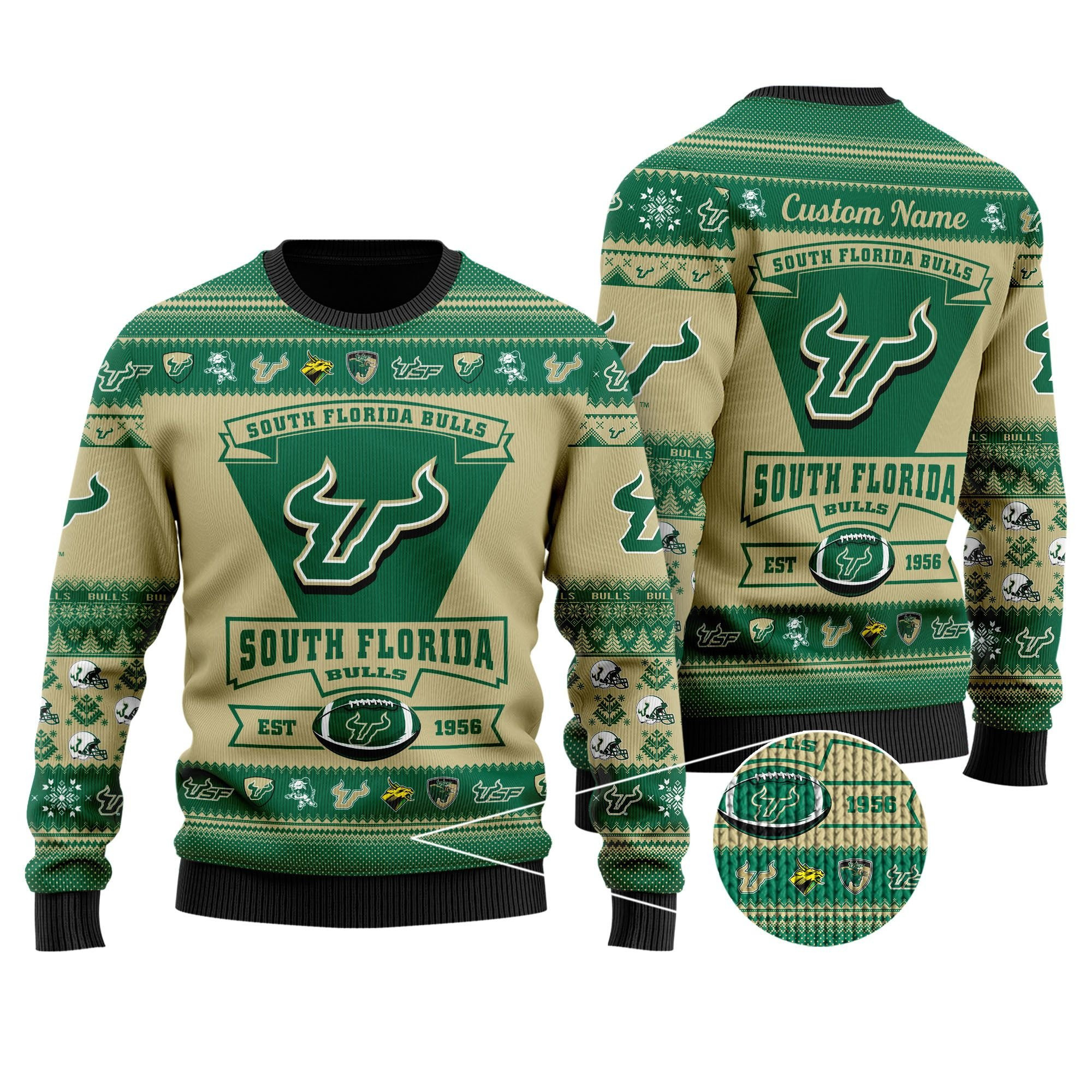 South Florida Bulls Football Team Logo Custom Name Personalized Ugly Christmas Sweater Adult 3D Funny Matching for family