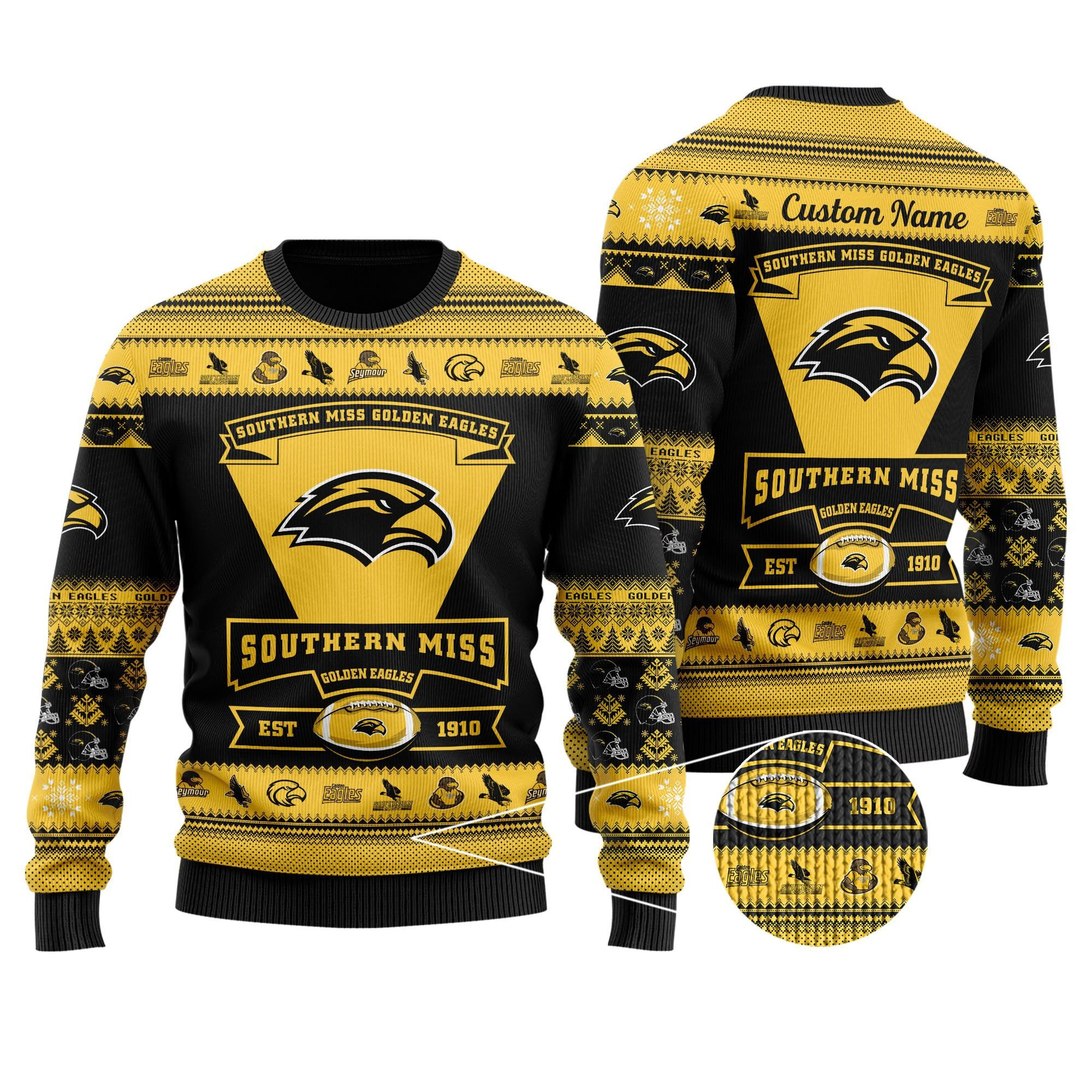 Southern Miss Golden Eagles Football Team Logo Personalized Ugly Christmas Sweater Adult 3D Funny Matching for family