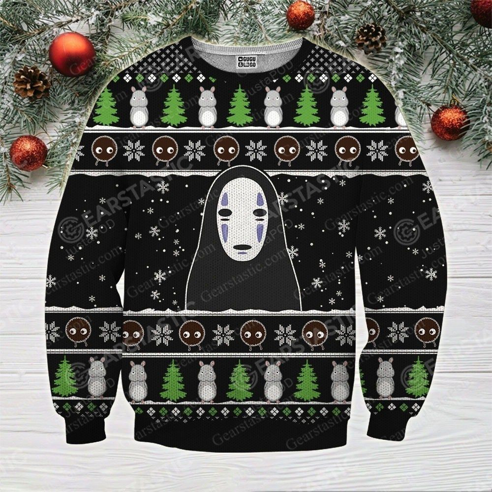 Spirited Away Kaonashi No Face Black Ugly Christmas Sweater Adult 3D Funny Matching for family