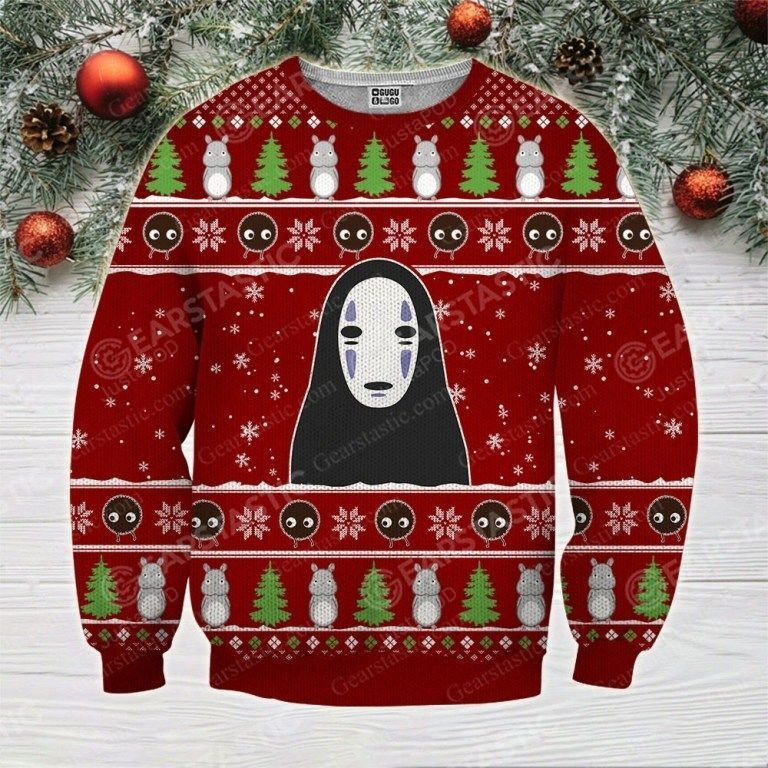 Spirited Away Kaonashi No Face Red Ugly Christmas Sweater Adult 3D Funny Matching for family