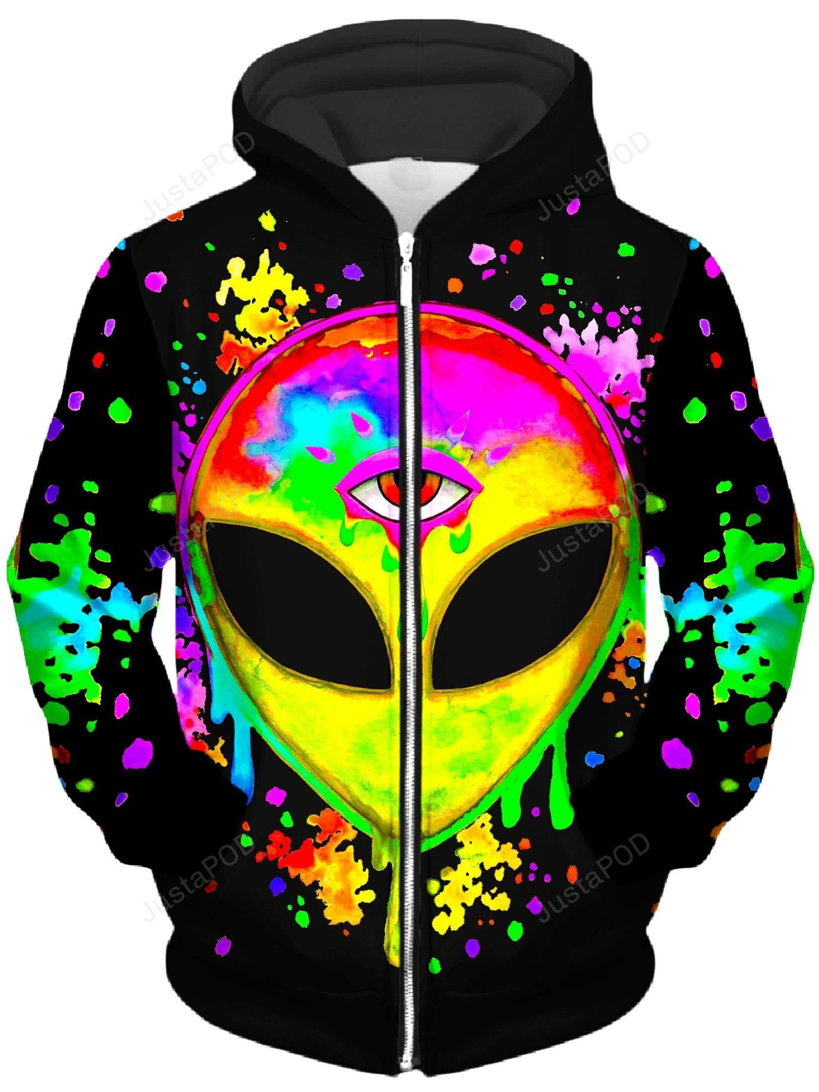 Splatter Alien Yellow Unisex Zip-Up 3D All Over Print Hoodie, Zip Hoodie