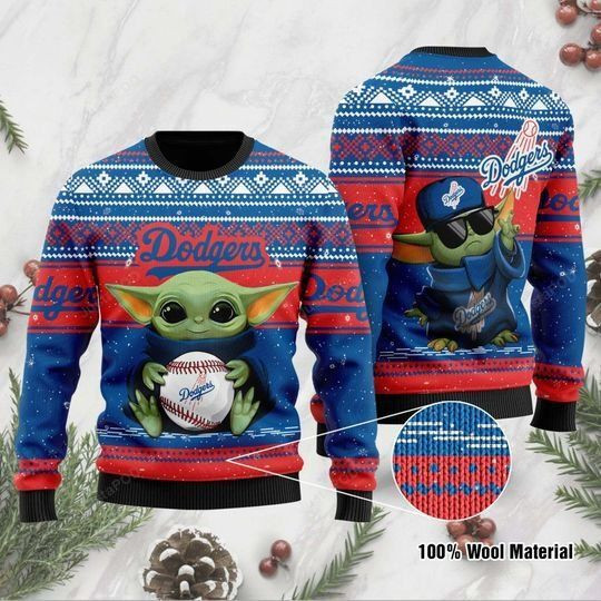 Sports Baseball Team Los Angeles Dodgers With Baby Yoda Hugging The Baseball Ugly Christmas Sweater Adult 3D Funny Matching for family