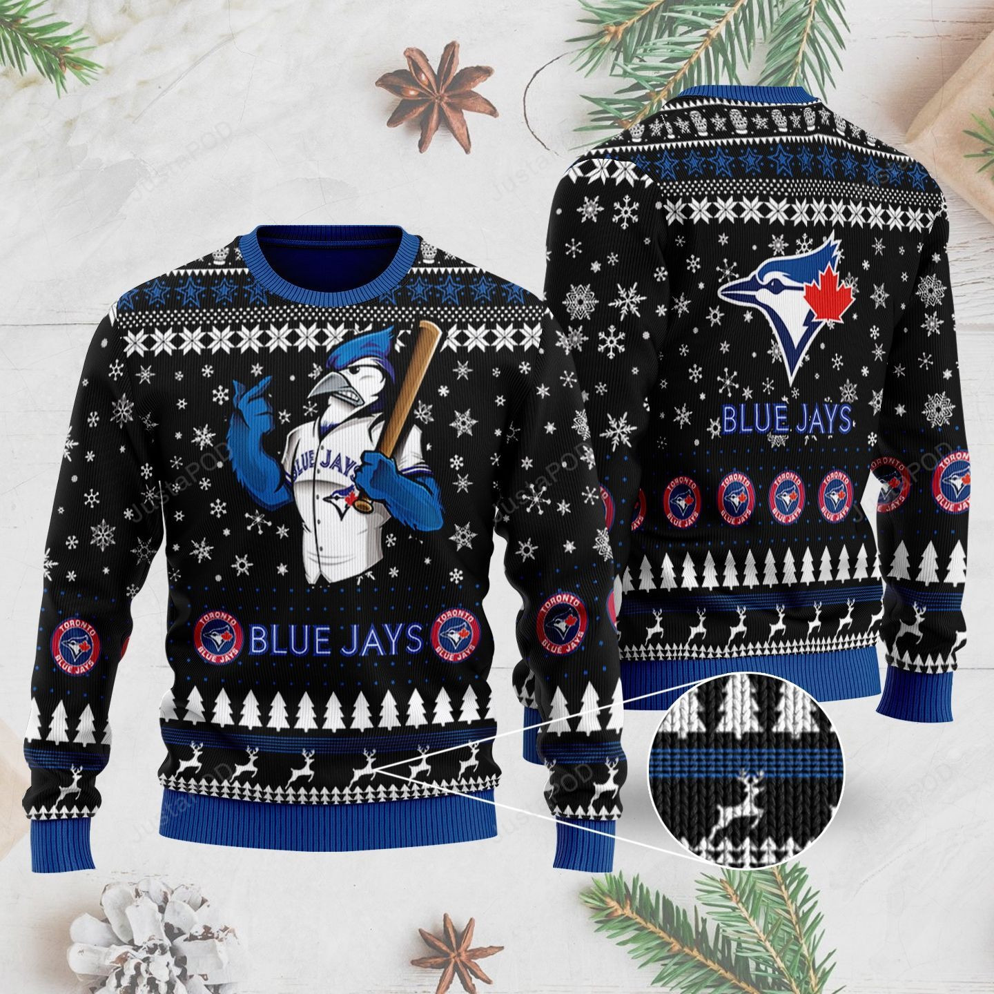 Sports Baseball Team Toronto Blue Jays With Bj Birdy The Mascot For Baseball Fans Ugly Christmas Sweater Adult 3D Funny Matching for family