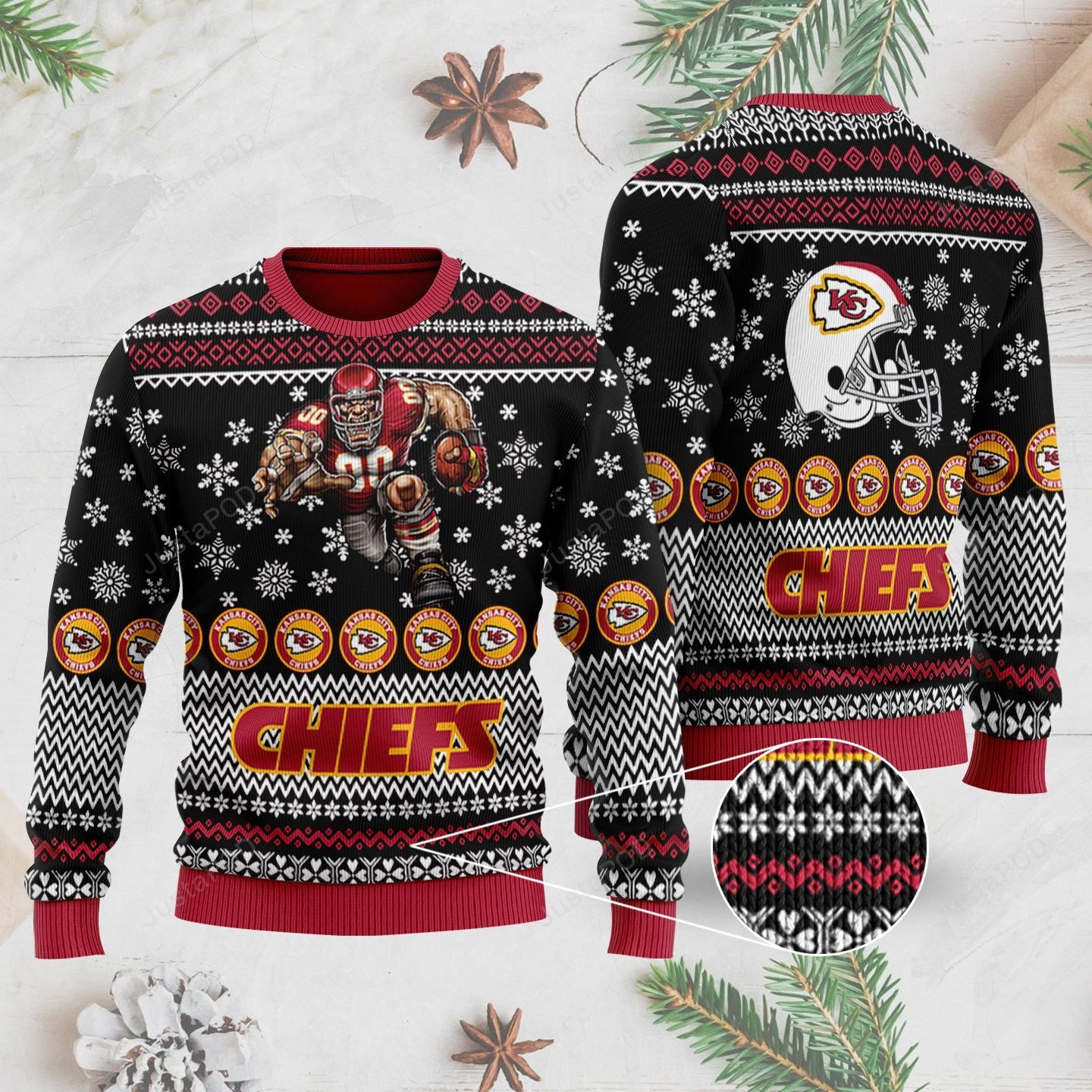 Sports Football Team Kansas City Chiefs With Helmet Printed In The Back For Football Fans Ugly Christmas Sweater Adult 3D Funny Matching for family