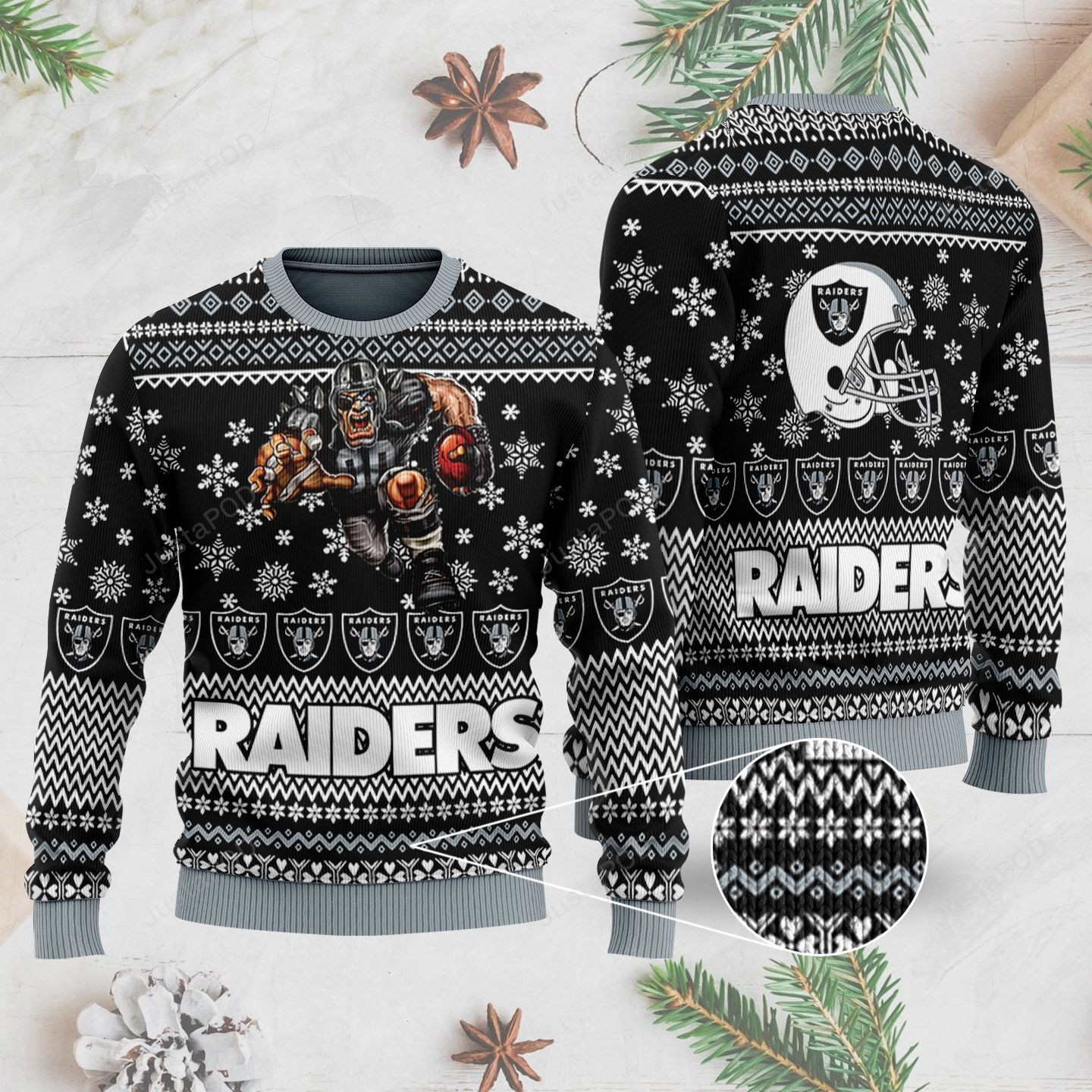 Sports Football Team Las Vegas Raiders, Player With Ball And Helmet Ugly Christmas Sweater Adult 3D Funny Matching for family