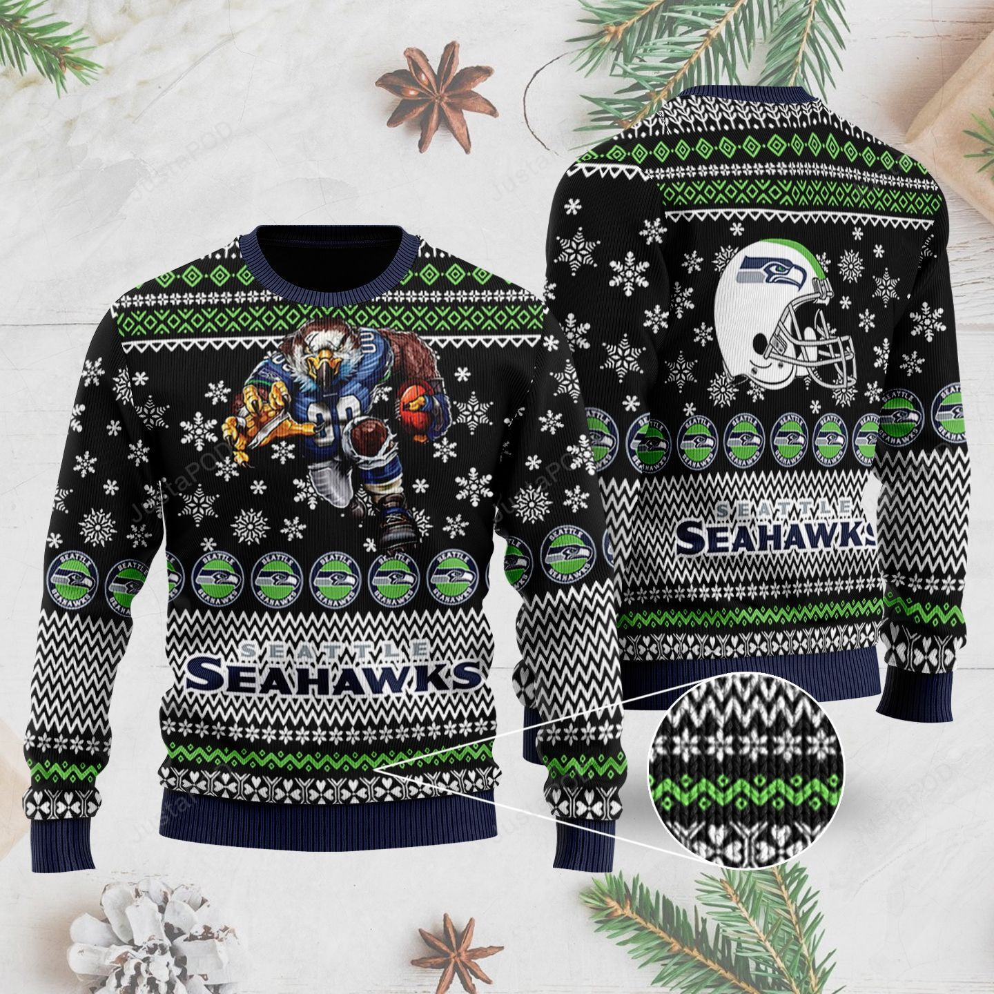 Sports Football Team Seattle Seahawks With Blitz The Mascot And Helmet Ugly Christmas Sweater Adult 3D Funny Matching for family
