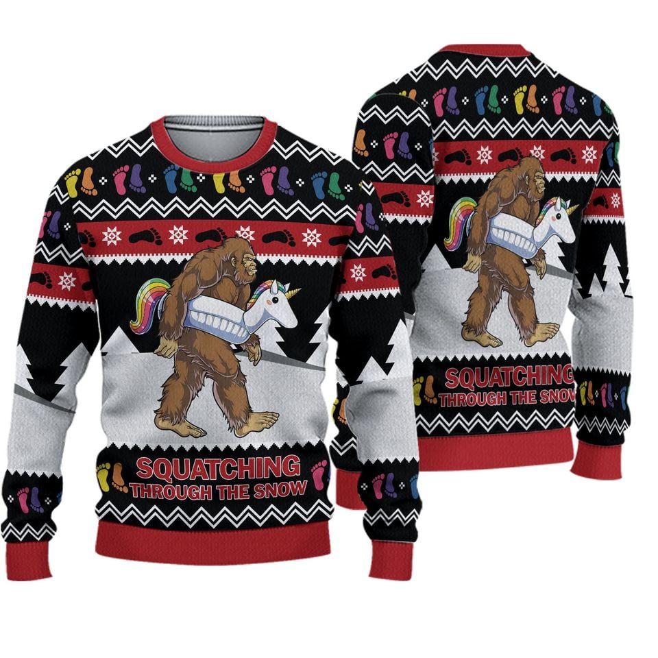 Squatching Through Snow Quotes Sweater, Funny Monster Ugly Christmas Sweater
