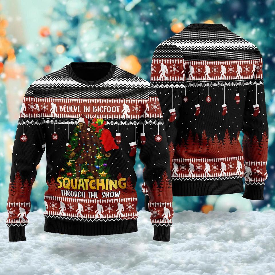 Squatching Through Snow Sweater, Monster Ugly Christmas Sweater