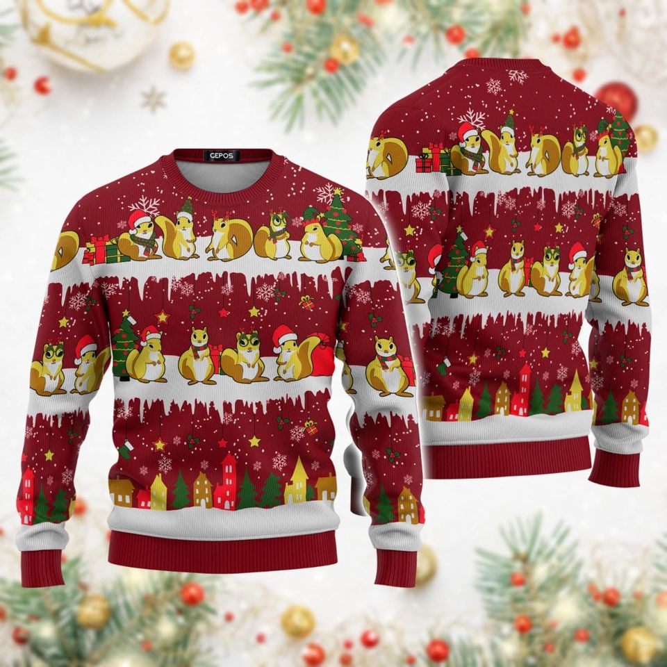 Squirrel Christmas Ugly Sweater, Squirrel Santa Hat Ugly Sweatshirt