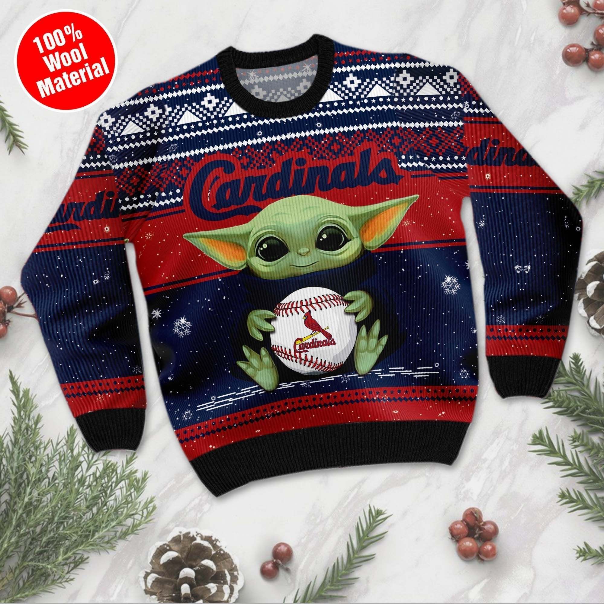 St Louis Cardinals Grogu Baby Yoda Hug Logo Ugly Christmas Sweater Adult 3D Funny Matching for family - Image 2